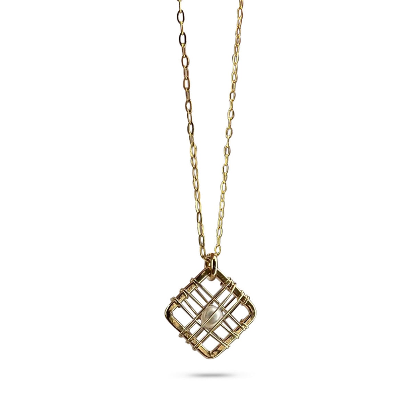 Petite Square - Caged Pearl Necklace